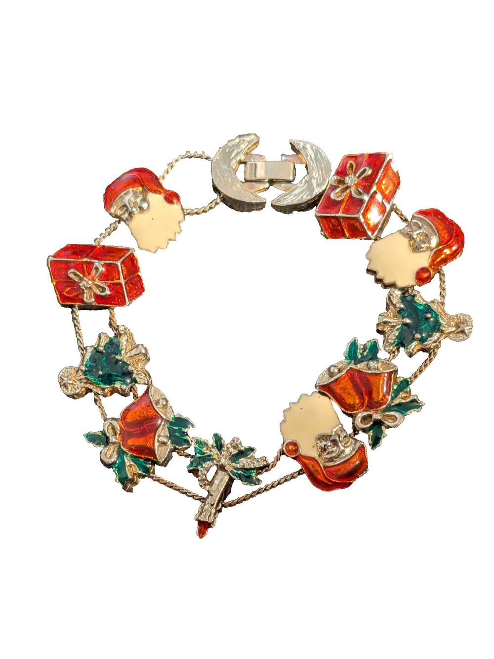 Vintage 1970s Christmas Slide Bracelet Enamel Santa Colorful Gift Candle 7"‎ h-